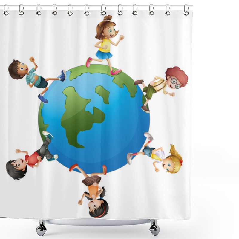 Personality  Six Kids Walking Around The Planet Earth Shower Curtains