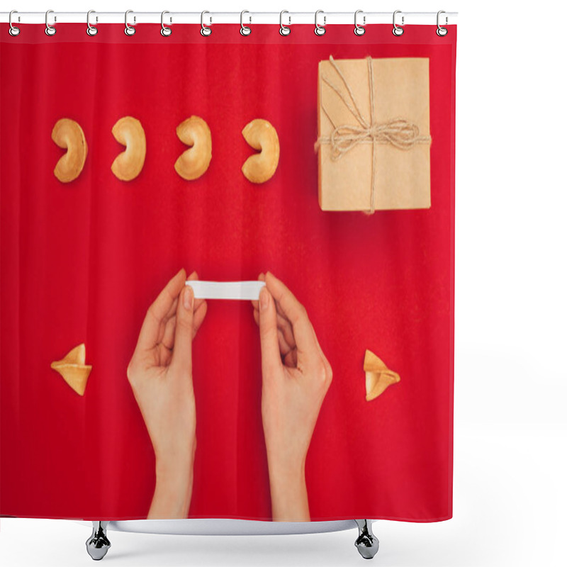 Personality  Cropped Shot Of Woman Opening Fortune Cookie Over Red Surface, Chinese New Year Concept Shower Curtains