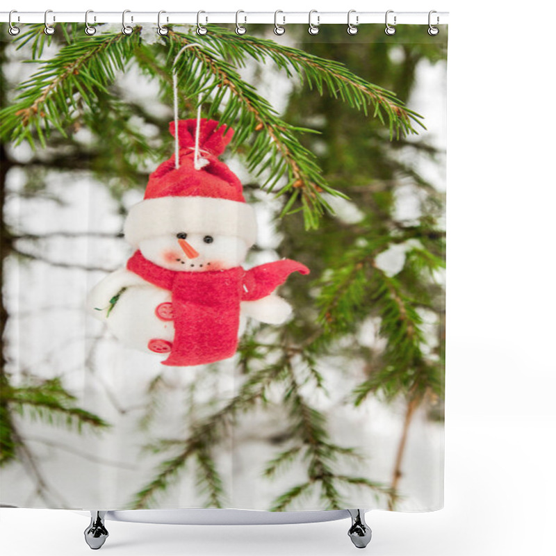 Personality  Toy Snowman Hanging On A Snow-covered Tree Shower Curtains