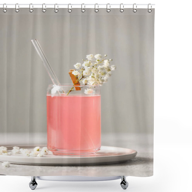 Personality  Glass With Tasty Cocktail And Beautiful Gypsophila Flowers On Light Background Shower Curtains