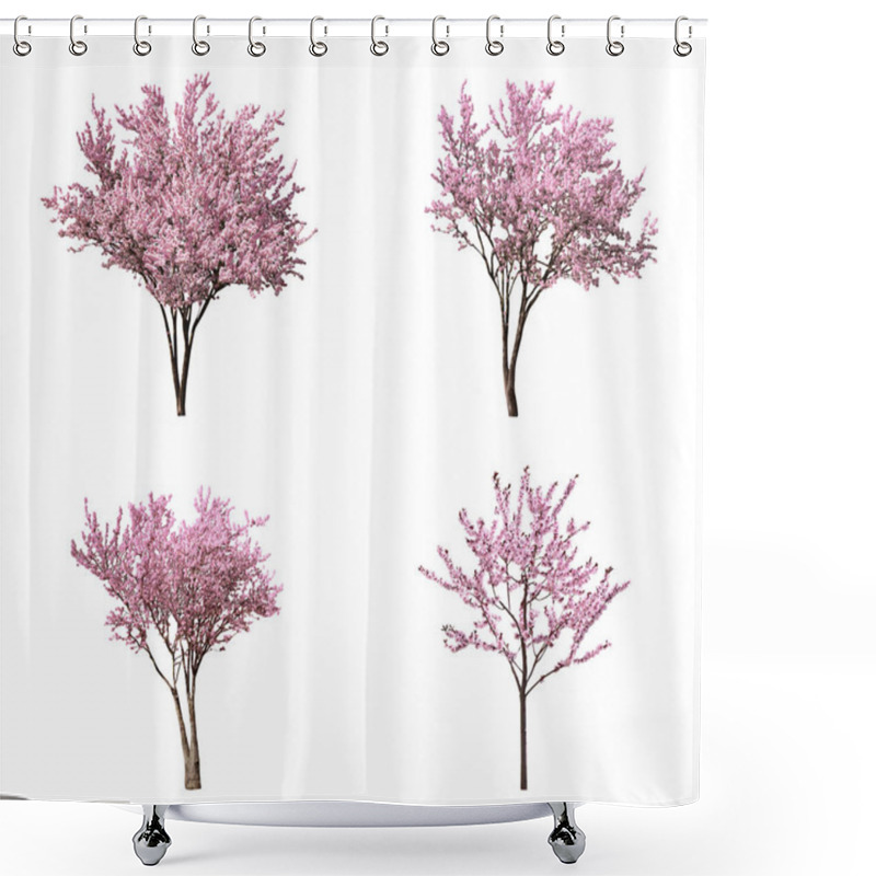 Personality  Beautiful Blossoming Sakura Trees On White Background, Collage  Shower Curtains