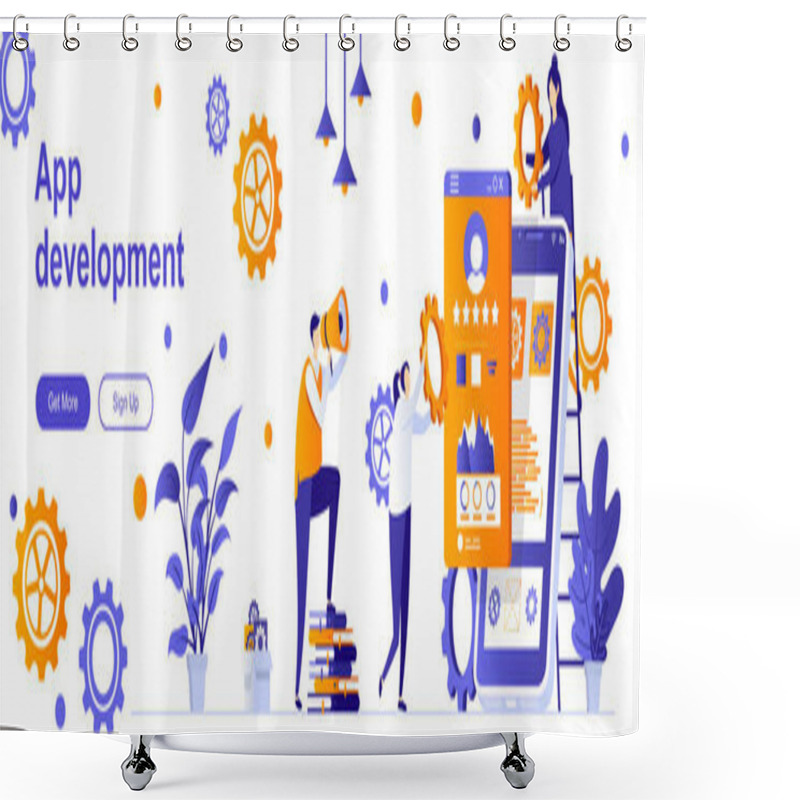 Personality  App Development Landing Page With People. Mobile Application Design And Programming Web Banner. Software Engineering Vector Illustration. Flat Concept Great For Social Media Promotional Materials. Shower Curtains