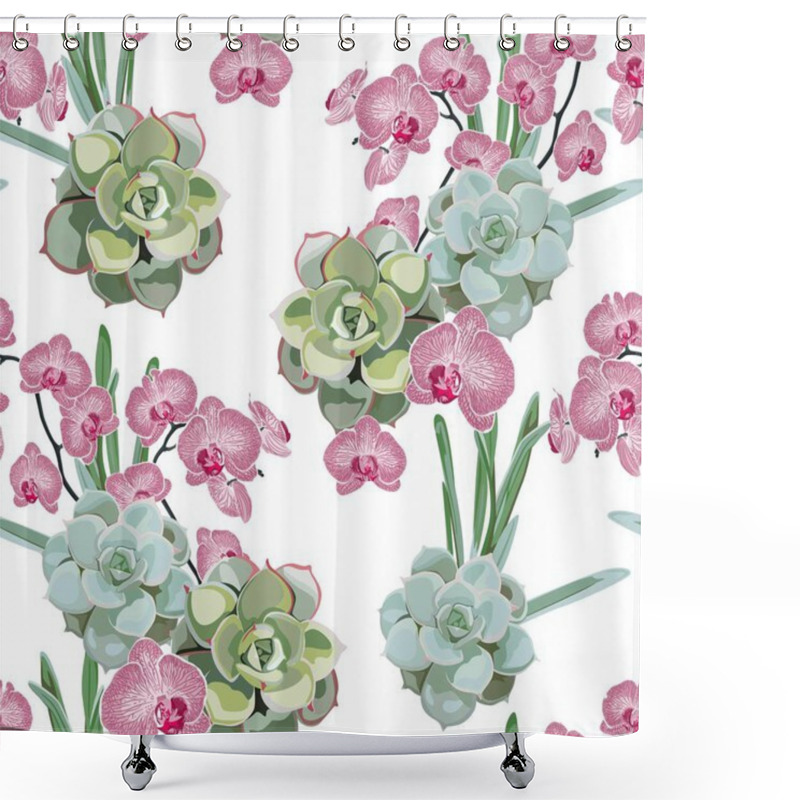 Personality  Floral Pattern, Delicate Flower Wallpaper, Pink Orchid And Green Succulent. Delicate Feminine Pattern On The White Background. Shower Curtains