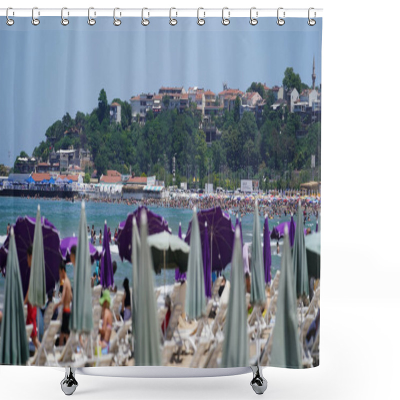 Personality  ISTANBUL, TURKIYE - JUNE 23, 2024: People In Sile Town Beach In Istanbul Shower Curtains