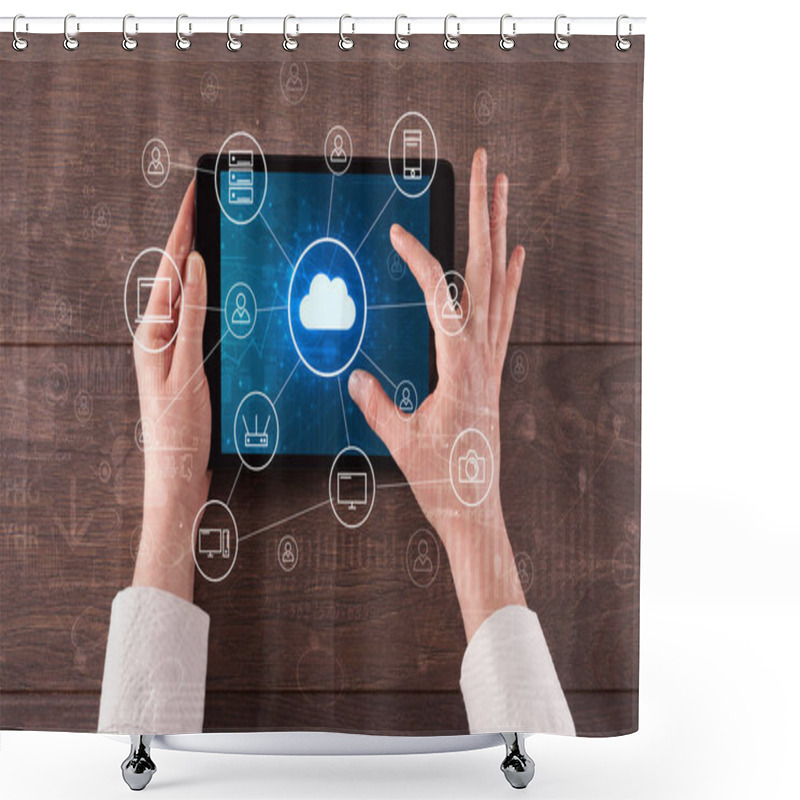 Personality  Hand Using Tablet With Centralized Cloud Computing System Concept Shower Curtains