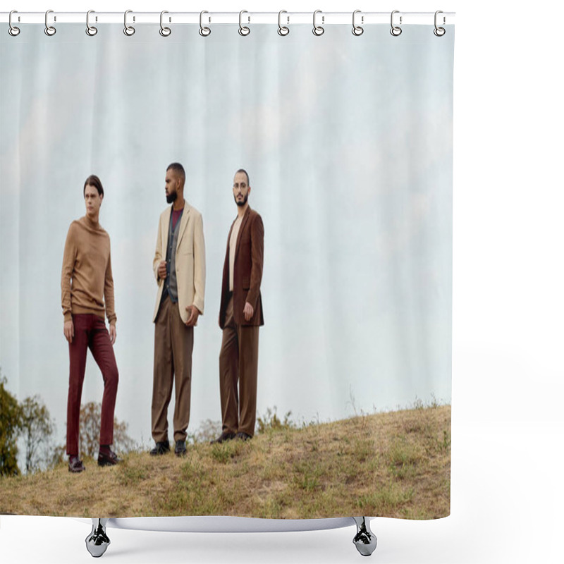 Personality  Three Fashionable Men Pose Together In A Picturesque Field, Embracing The Beauty Of Autumn Charm. Shower Curtains