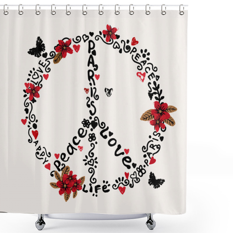 Personality  Freehand Peace, Love, Paris Illustration With Flowers. Shower Curtains