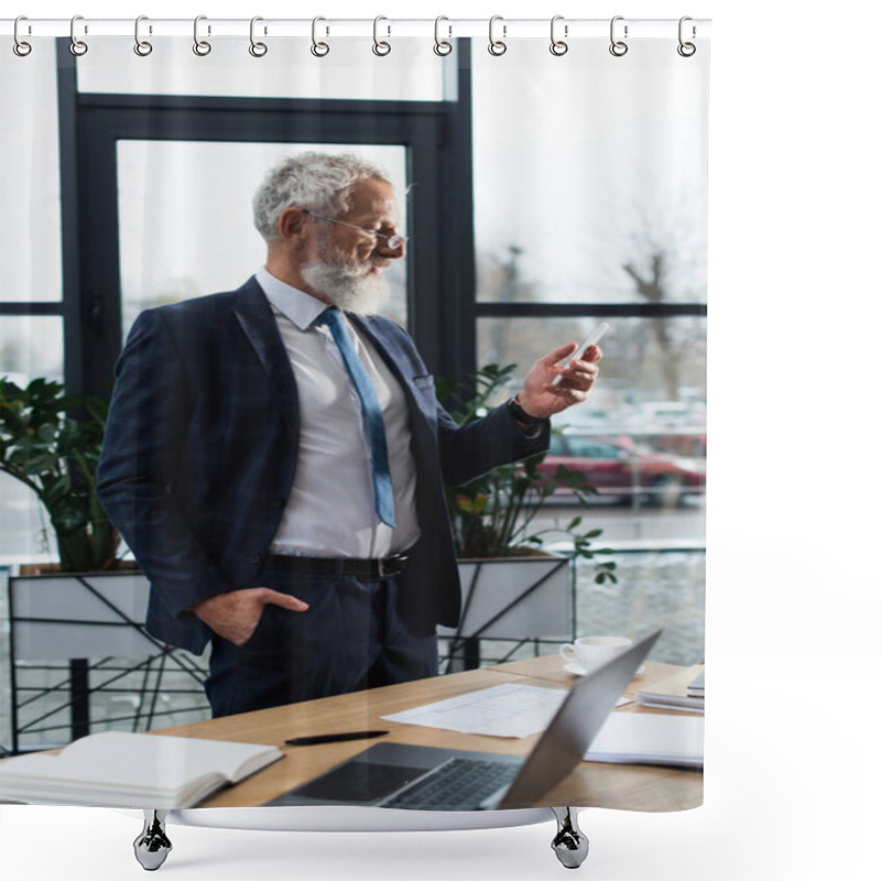 Personality  Side View Of Mature Businessman In Suit Using Smartphone Near Papers And Coffee In Office  Shower Curtains