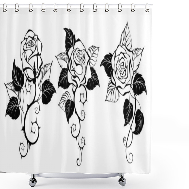 Personality  Three, Artistically Drawn, Contour, Black, Prickly, Blooming Roses With Black Leaves On White Background. Design With Rose. Gothic Style. Shower Curtains