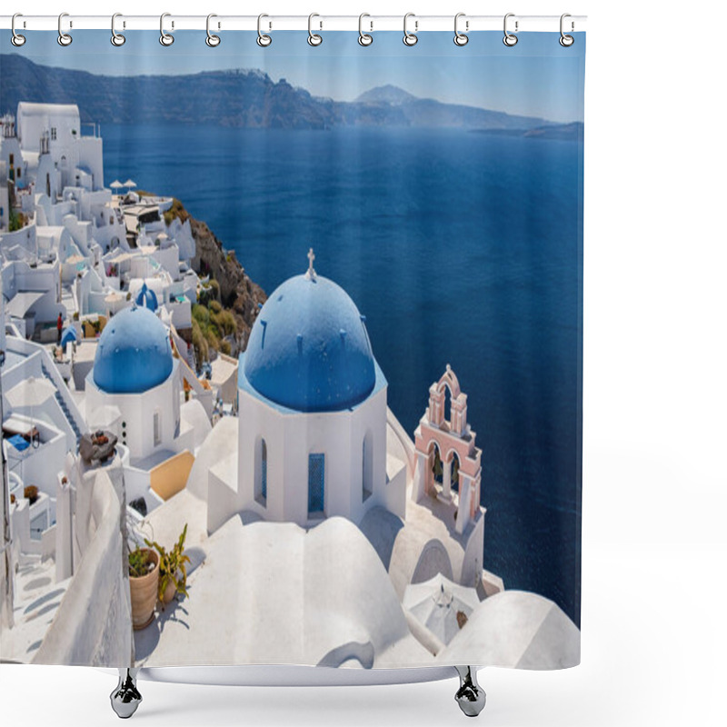 Personality  Oia Village Santorini With Blue Domes And Whitewashed House During Sunset At The Island Of Santorini Greece Shower Curtains