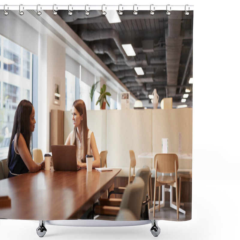 Personality  Two Young Businesswomen Having Informal Interview In Cafeteria Area At Graduate Recruitment Assessment Day Shower Curtains