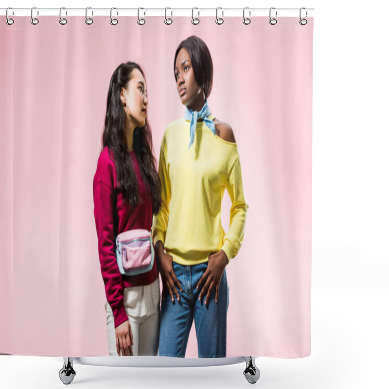 Personality  Attractive Asian And African American Friends Looking Away Isolated On Pink  Shower Curtains