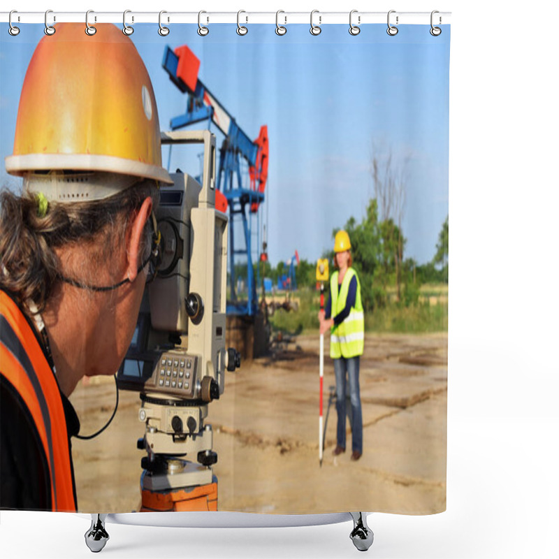 Personality  Two Geodets At Work On An Oil Well Shower Curtains