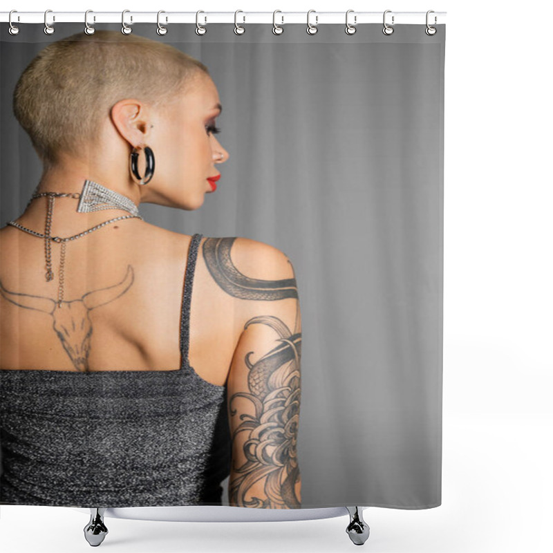 Personality  Back View Of Short Haired Tattooed Woman In Metal Necklaces And Shiny Top Standing Isolated On Grey Shower Curtains