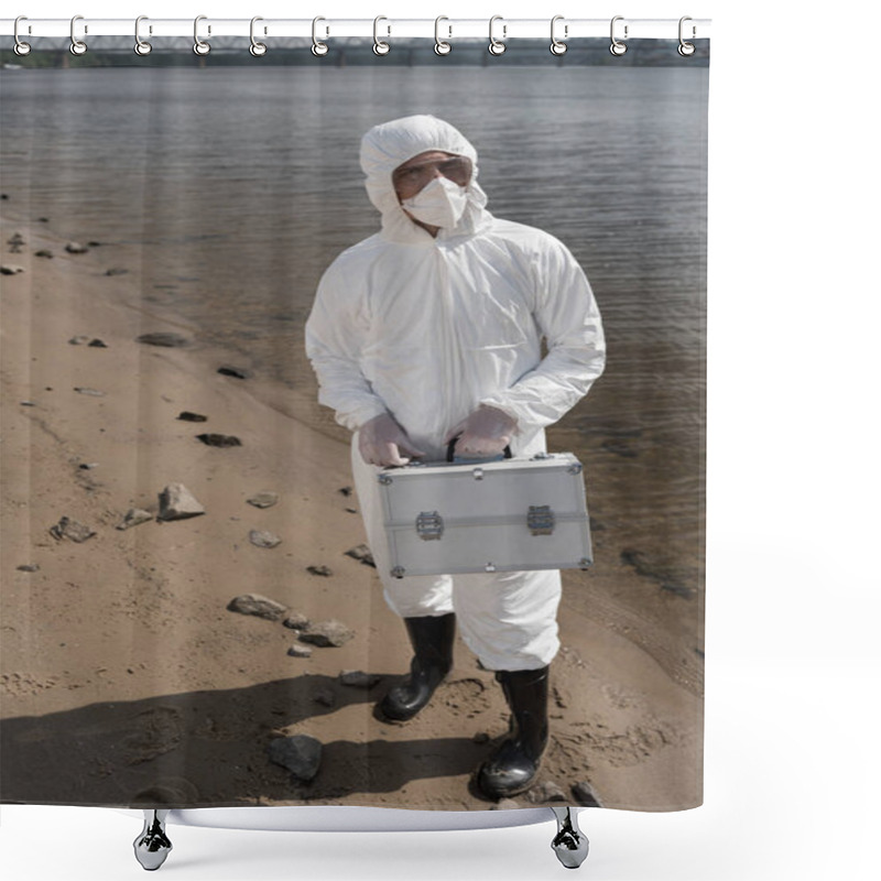 Personality  Full Length View Of Water Inspector In Protective Costume, Respirator And Goggles Holding Inspection Kit On River Coast Shower Curtains