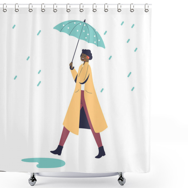 Personality  Stylish Woman In Coat Walk Under Umbrella In Rainy Day. Female Protecting From Rain Shower Curtains