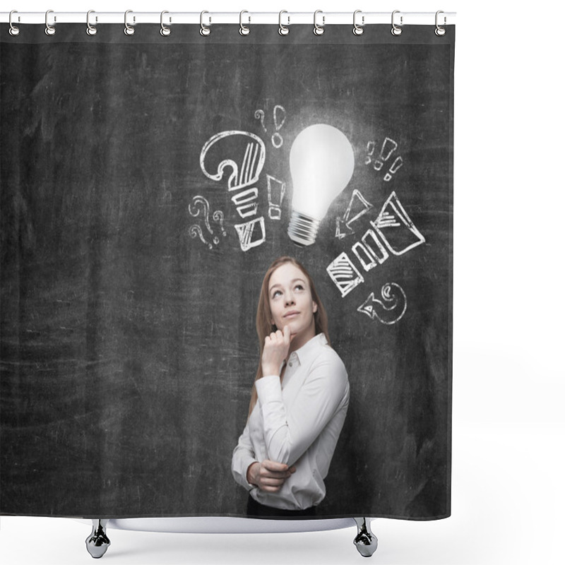 Personality  Beautiful Business Woman Is Thinking About Optimisation Measures For Business. Turned Lightbulb And Question And Exclamation Marks Shower Curtains