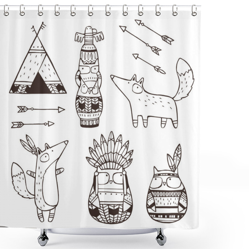 Personality  Set Of Vector Hand Drawn Indian Elements (funny Animals, Arrows, Dream-catchers, Totem) Shower Curtains