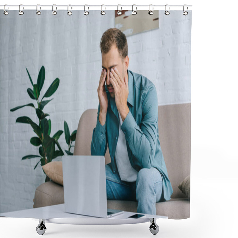 Personality  Young Man Rubbing Eyes While Using With Laptop At Home  Shower Curtains