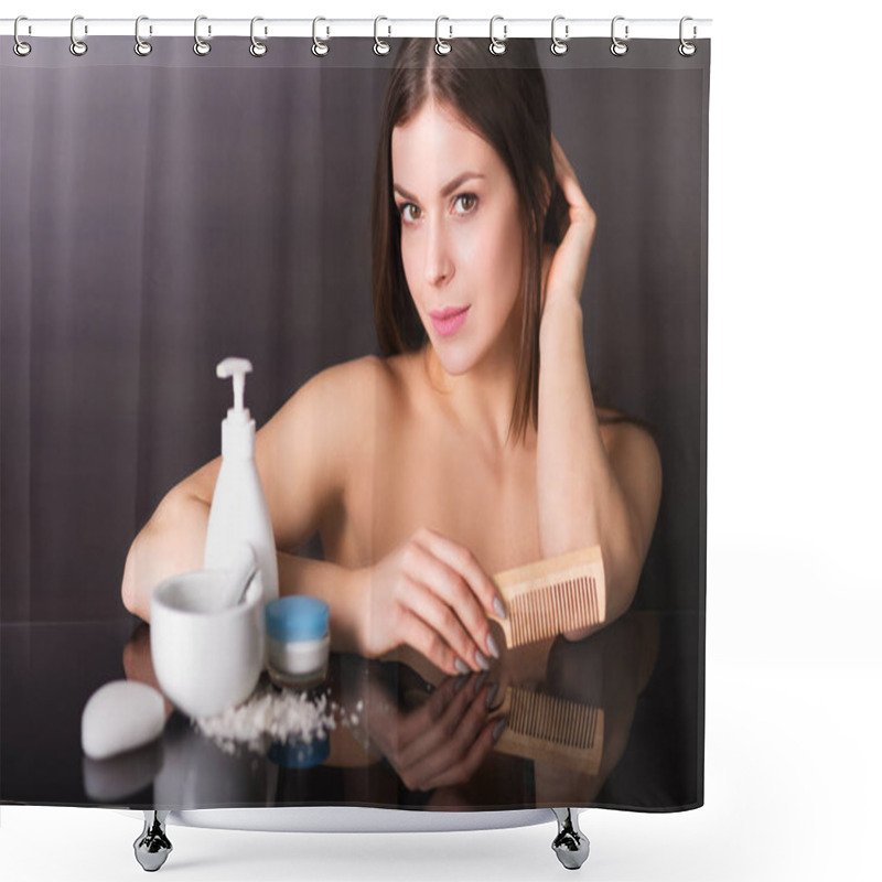 Personality  Pretty Young Woman With Cosmetics Shower Curtains