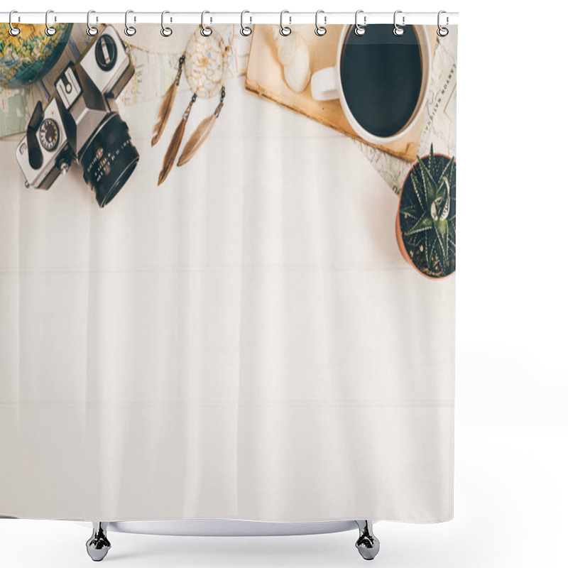 Personality  Travel Accessories Top View On Wooden Background With Copy Space Shower Curtains