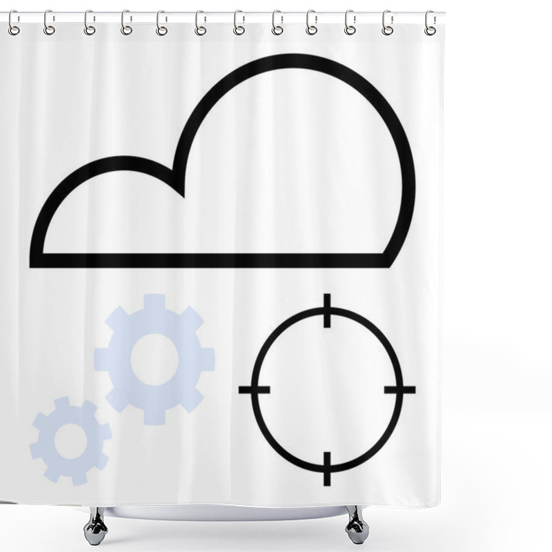 Personality  Black Cloud Outline, Crosshair Target, And Two Blue Gears. Ideal For Cloud Computing, Technology, Data Processing, System Optimization, Internet Network And Infrastructure. Line Metaphor Shower Curtains