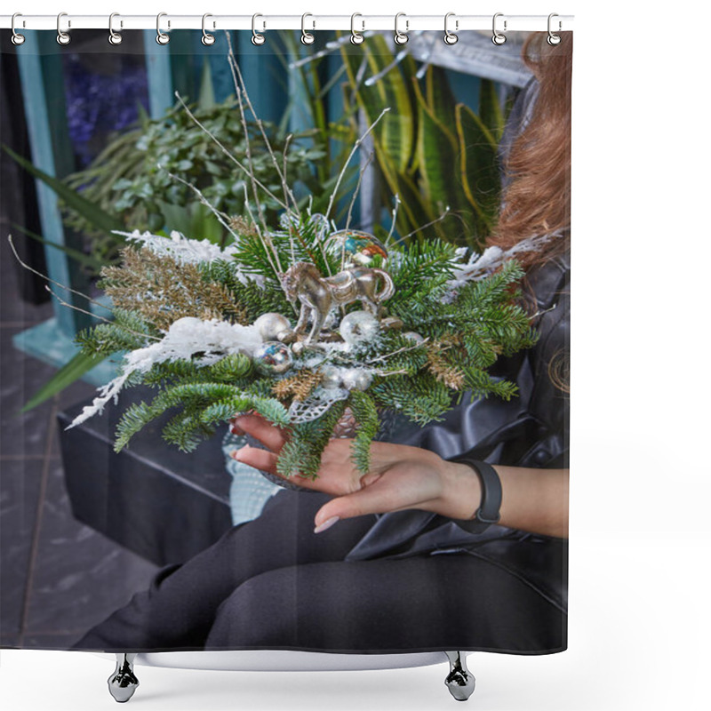 Personality  Woman Holding A Beautiful Colourful Blossoming Flower Bouquet. Fresh, Lush Bouquet Of Colorful Flowers. Shower Curtains