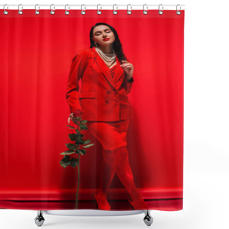 Personality  Brunette Woman In Pearl Necklace Holding Rose And Closing Eyes On Red Background  Shower Curtains