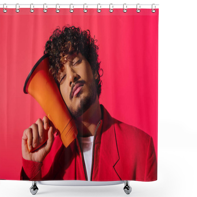 Personality  Vibrant Young Indian Man Holding Red And Orange Megaphone. Shower Curtains