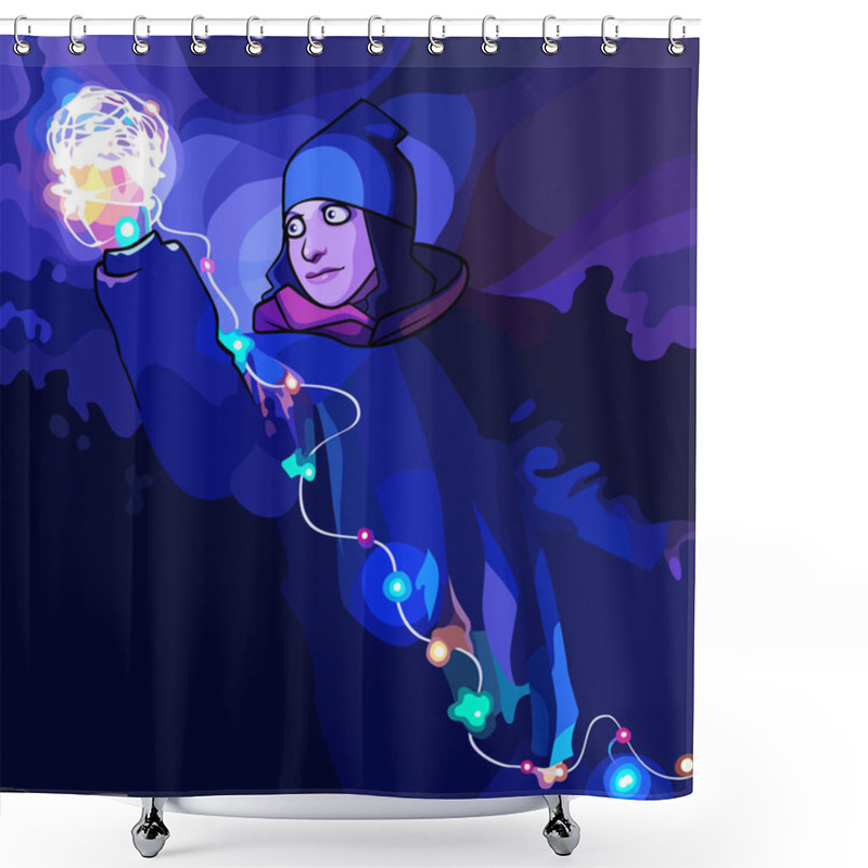 Personality  Cartoon Girl In Winter Clothes Holding Luminous Garland In Her Hand Shower Curtains