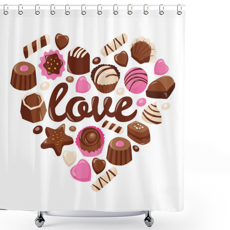 Personality  A Cartoon Vector Illustration Of Sweet Valentine Chocolate Arranged In A Heart Shape With The Phrase Love. Shower Curtains