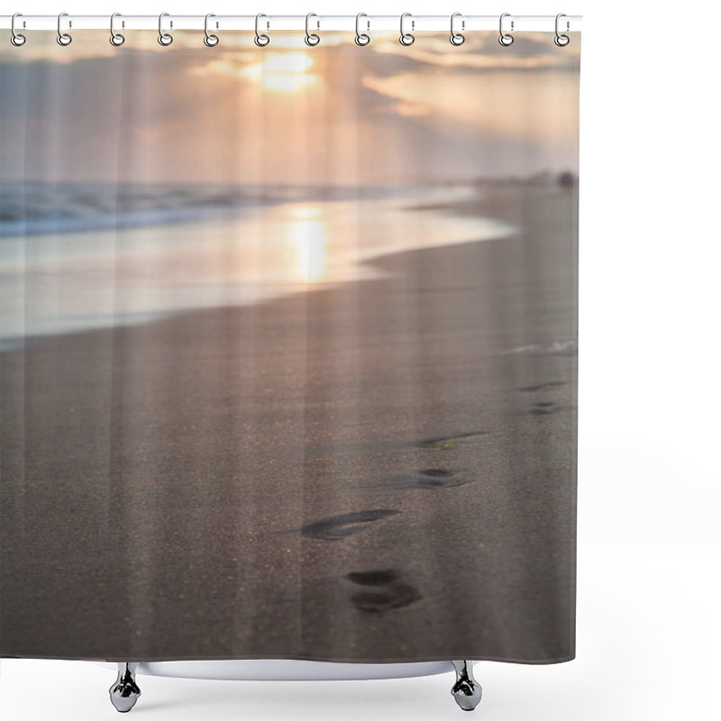 Personality  Footprints On Sandy Beach At Sunset Shower Curtains