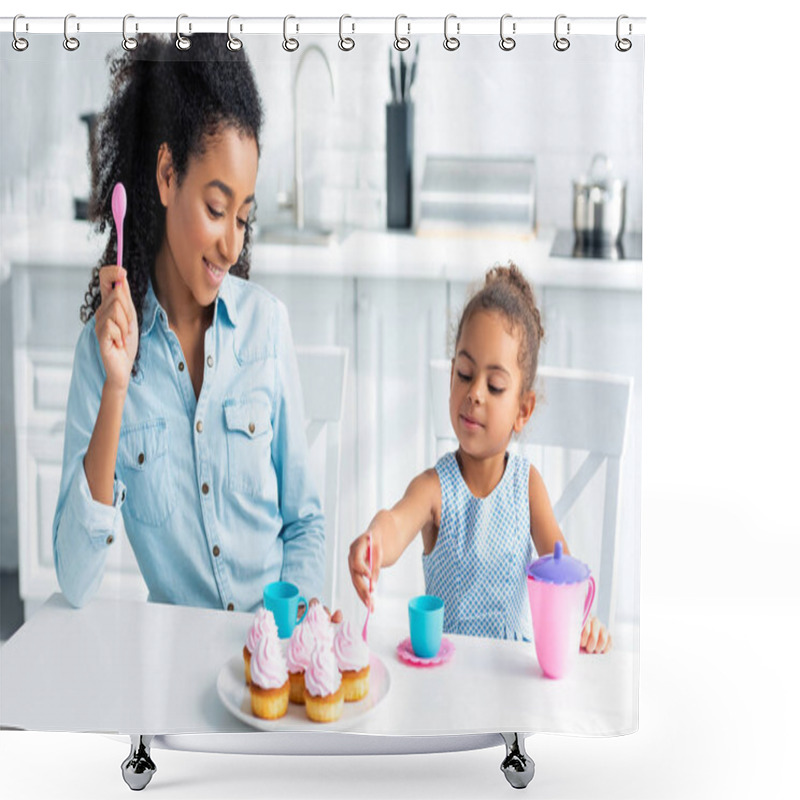 Personality  African American Mother And Daughter Eating Homemade Cupcakes In Kitchen Shower Curtains