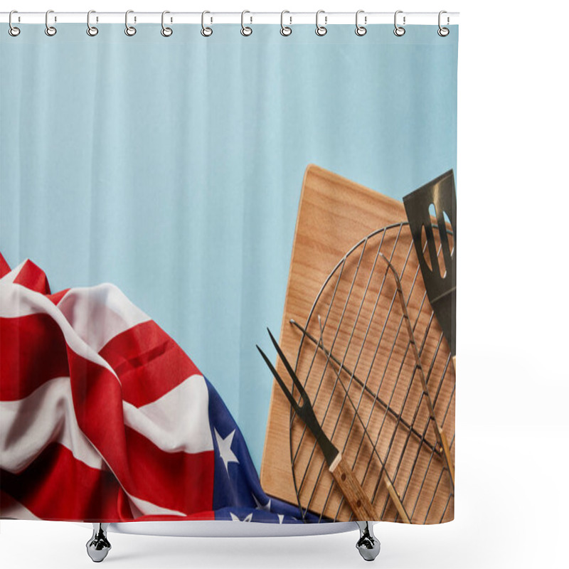 Personality  Top View Of American Flag Near Bbq Equipment On Blue Background With Copy Space Shower Curtains