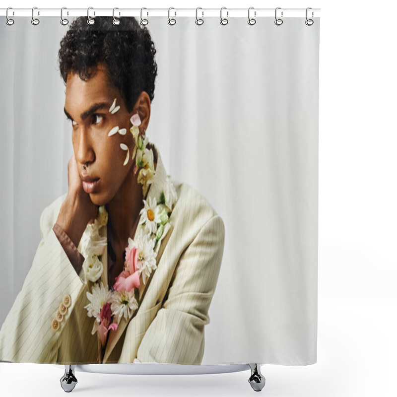 Personality  A Young African American Man With Flowers Adorning His Face And Neck Poses In A Stylish Blazer Against A Grey Background. Shower Curtains