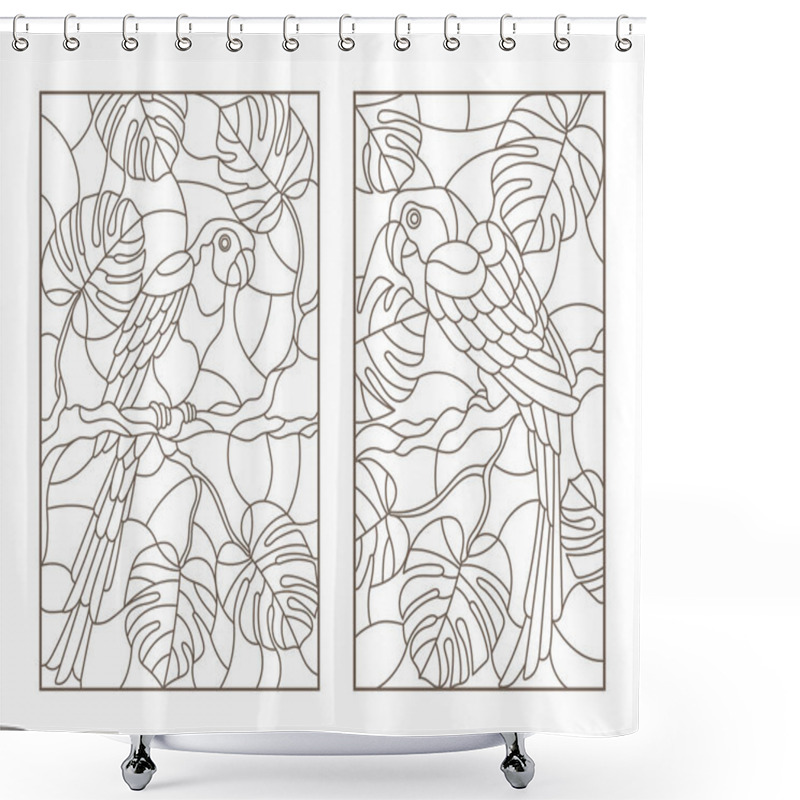 Personality  Set Contour Illustrations With Birds Parrots And Leaves Of Tropical Plants, Dark Contours On White Background Shower Curtains