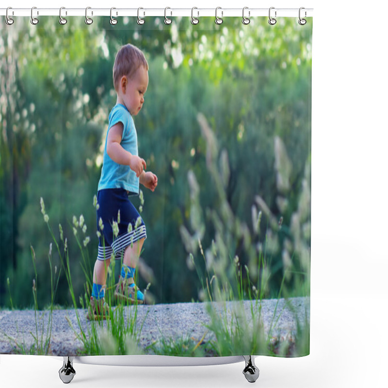 Personality  First Steps Of Cute Baby Boy On Footpath Among Greens Shower Curtains