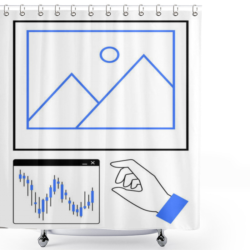 Personality  Hand Pinching Upward Near Financial Graph And Framed Mountain Drawing With Sun Ideal For Business Strategies, Investment Analyses, Market Trends, Financial Growth, Data Manipulation, Economic Shower Curtains