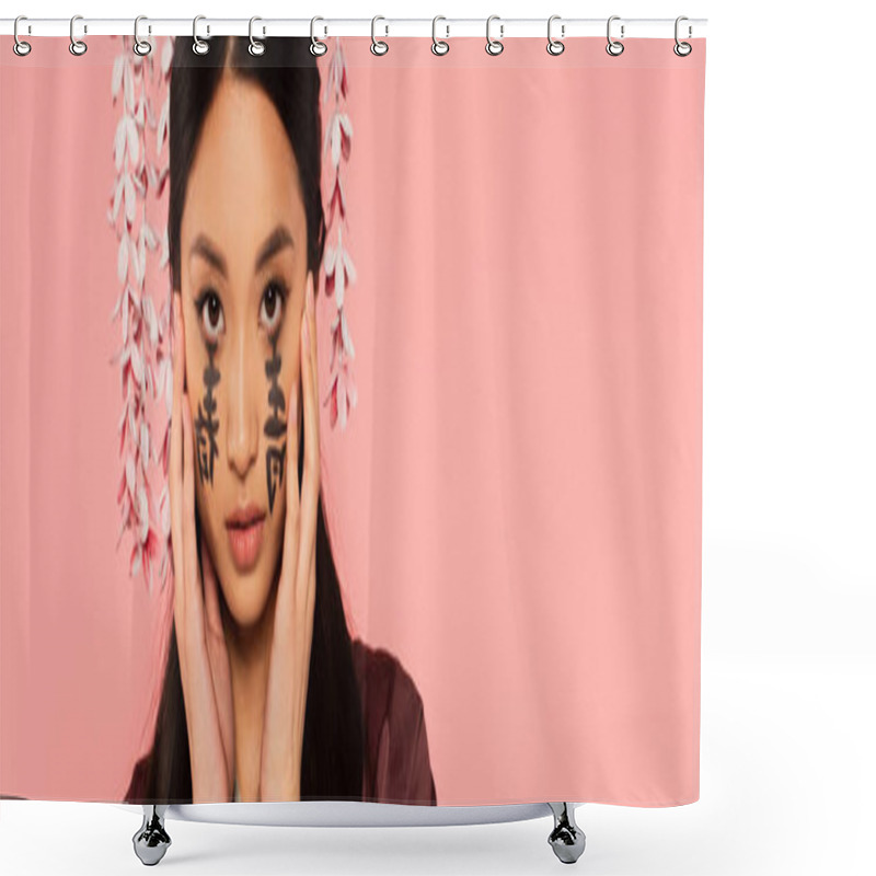 Personality  Portrait Of Asian Woman With Hieroglyphs Of Face Isolated On Pink, Banner  Shower Curtains