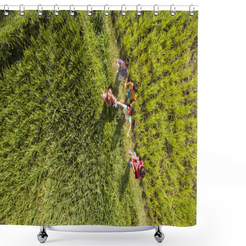 Personality  Bali, Indonesia. June 22, 2016. The Group Of Unidentified Balinese Kids Is Fooling For The Camera While Standing In Paddy Rice Field Shower Curtains