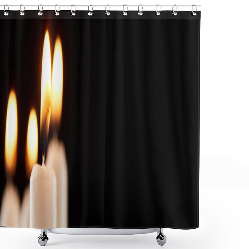 Personality  Selective Focus Of Burning White Candle Glowing Isolated On Black, Panoramic Shot Shower Curtains