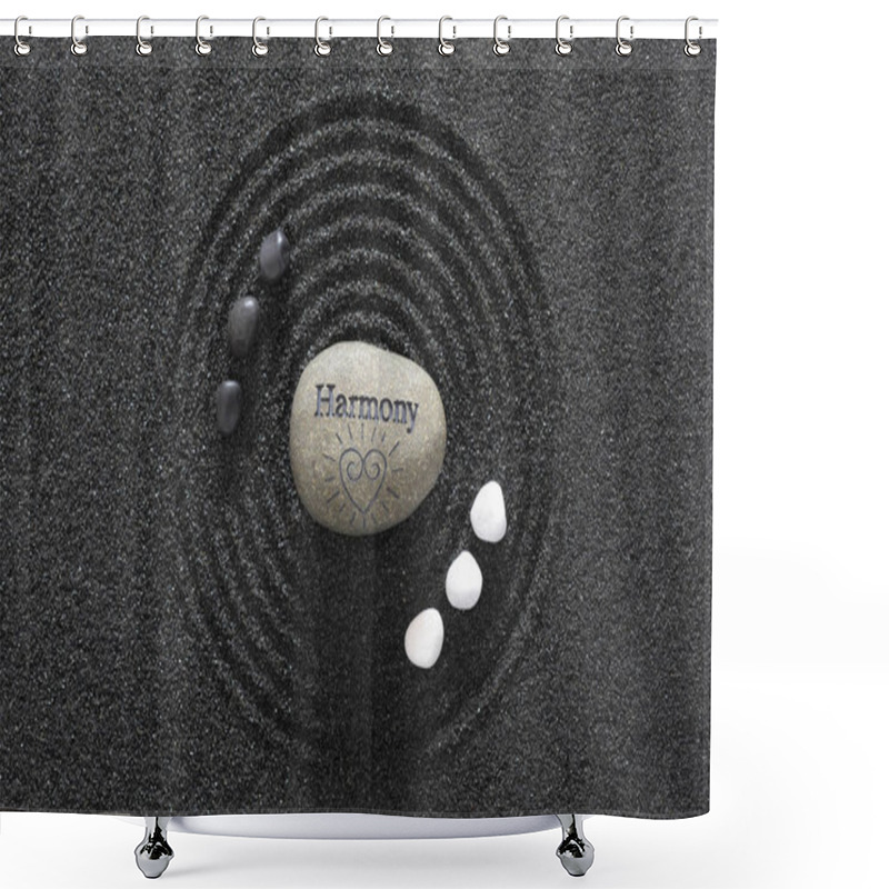 Personality  Japanese Zen Garden With Yin And Yang Stones And Harmony In Text Shower Curtains