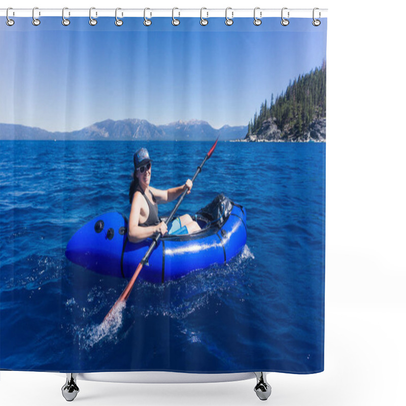 Personality  Young Woman In Hat And Sunglasses Enjoys Watersports On A Summer Day At Lake Tahoe, California Shower Curtains