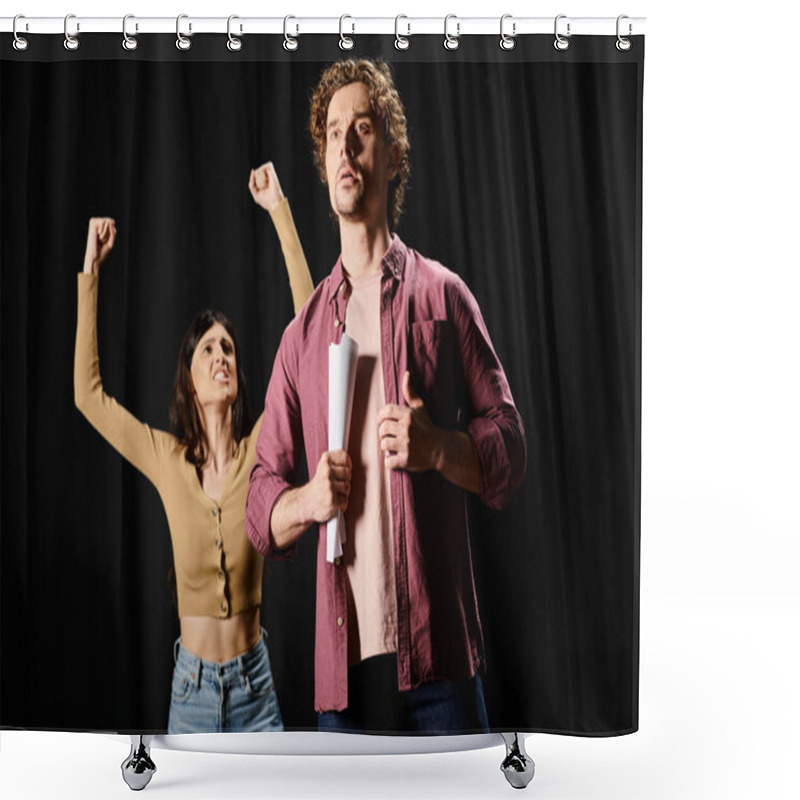 Personality  A Man And A Woman Stand Confidently In Front Of A Microphone During Rehearsals In A Theater. Shower Curtains