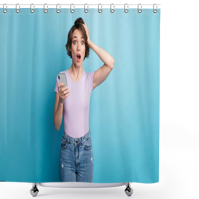 Personality  Photo Of Astonished Addicted Girl Use Smartphone Read Unbelievable Social Media Information Impressed Touch Hand Head Wear Good Look Clothes Isolated Over Blue Color Background Shower Curtains