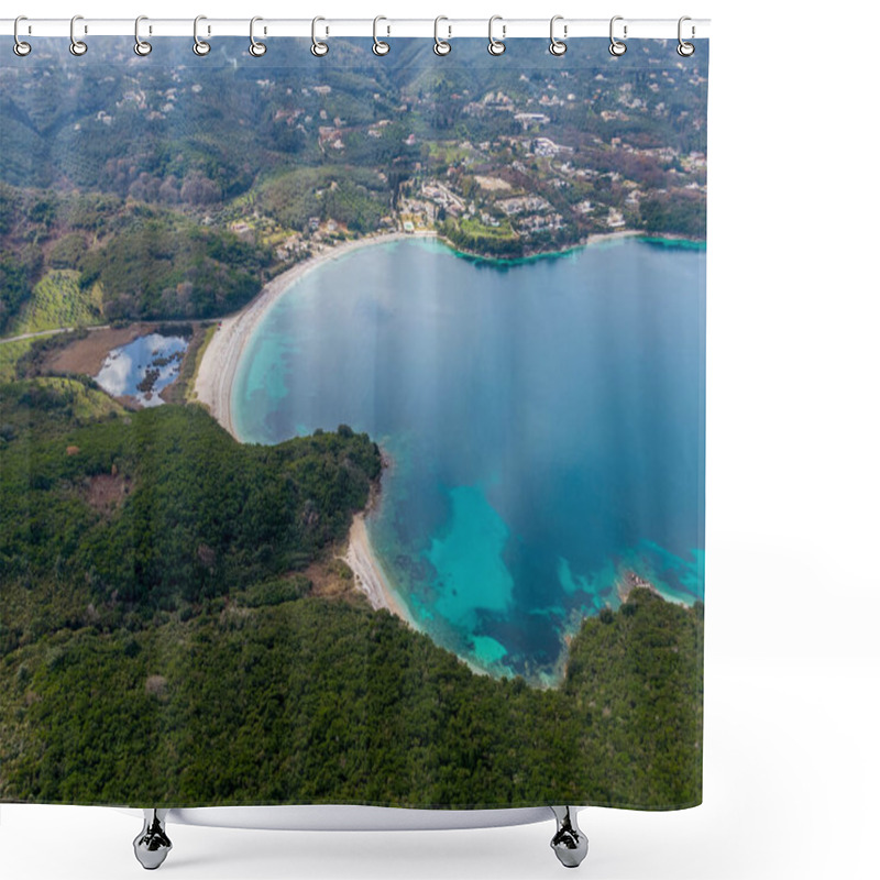 Personality  Aerial View Of A Secluded Bay With Turquoise Water, Sandy Beach, And Lush Green Vegetation. Shower Curtains