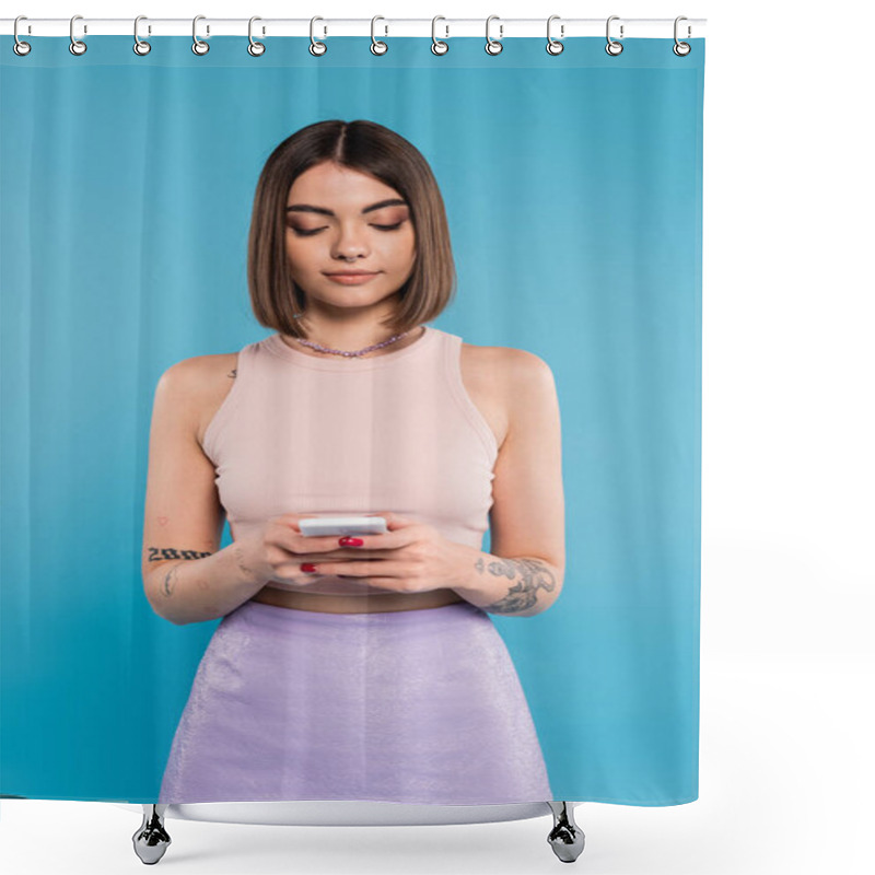 Personality  Woman Texting On Smartphone, Short Hair, Tattoos And Nose Piercing Using Mobile Phone On Blue Background, Casual Attire, Gen Z Fashion, Personal Style, Everyday Makeup  Shower Curtains