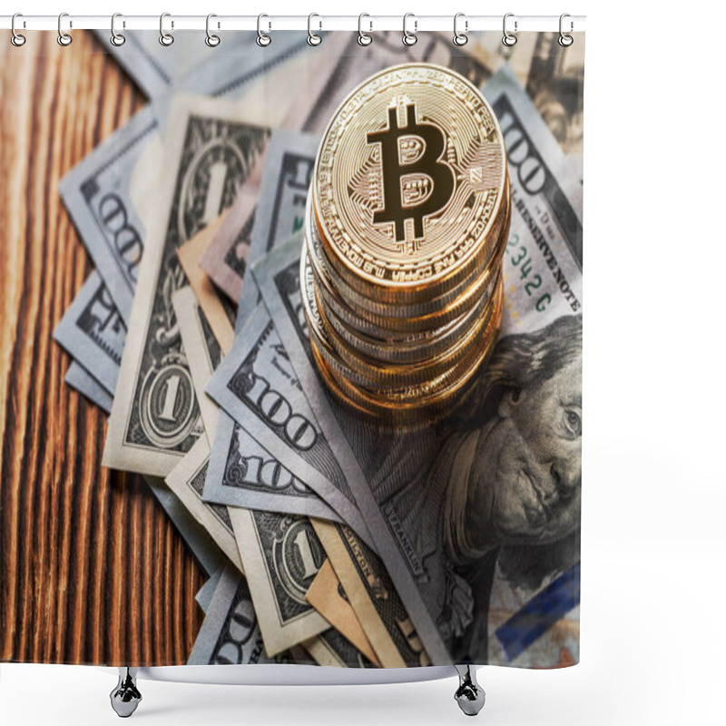 Personality  Golden Bitcoins And Banknotes Shower Curtains