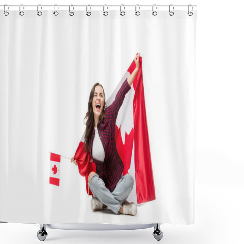 Personality  Excited Woman Covered In Canadian Flag Holding Maple Leaf Flag Isolated On White Shower Curtains