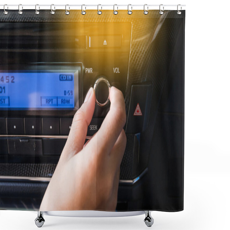 Personality  Woman Using Car Volume Audio Control. Shower Curtains